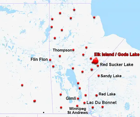 Map showing the location of Elk Island / Gods Lake in Manitoba